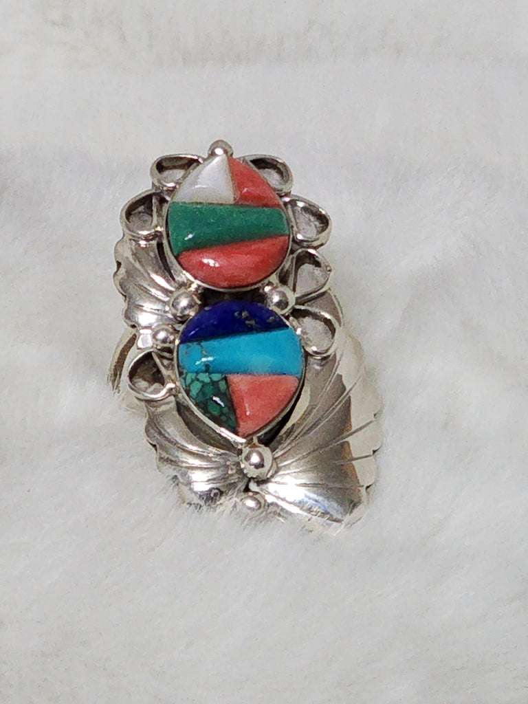 Navajo Large Sterling Silver & Multi Stone Inlay    Size 9    (New)   Artist:  Jerome Yazzie "Jy" signed