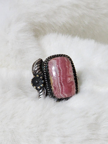 Navajo Sterling Silver Feather Blossom & Colorado Pink Lace Rhodochrosite Ring   Size 7   (Vintage)  Artist:  