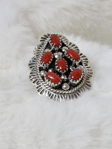 Navajo Large Sterling Silver Pear w/ Red Coral  Size 8   (New)