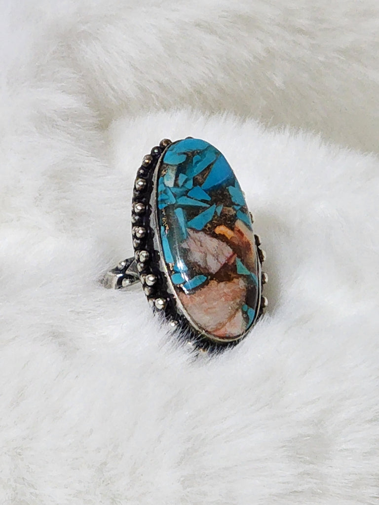 Old Southwest Sterling Silver w/ Turquoise & Spiny Oyster  Ring  Size 8   (New)