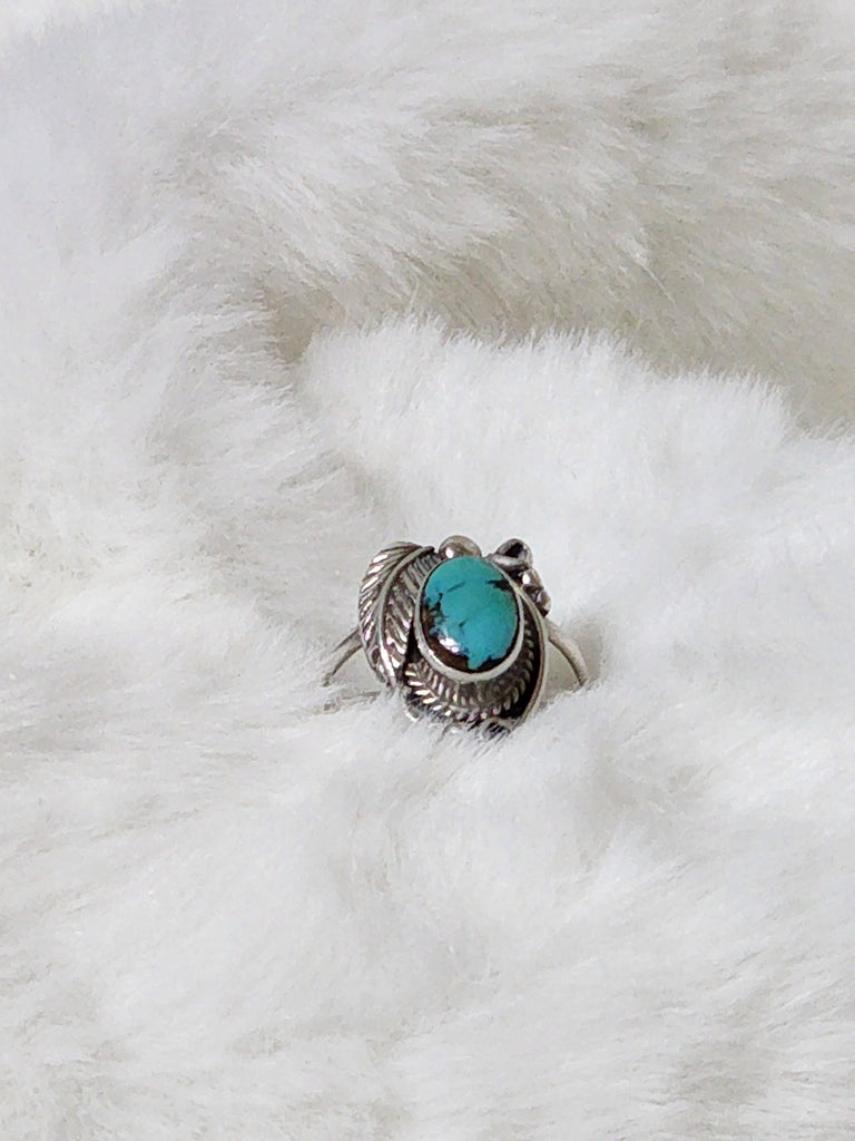 Navajo Small Sterling Silver Leaf w/ Turquoise Ring  Size 5   (Vintage)  Artist  "CH"