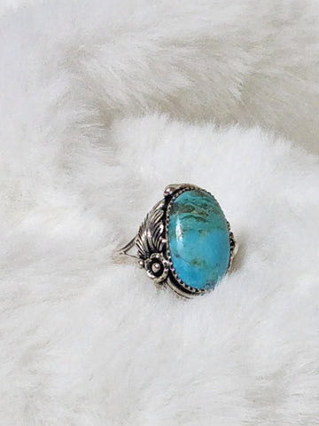 Navajo Sterling Silver Feather Blossom & Turquoise Ring    Size 10    (New)   Artist Signed 