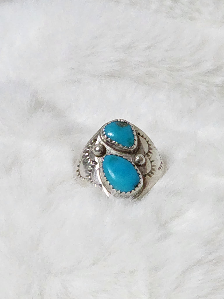 Navajo Sterling Silver w/ double Turquoise, hand tooled ring  Size 10.5