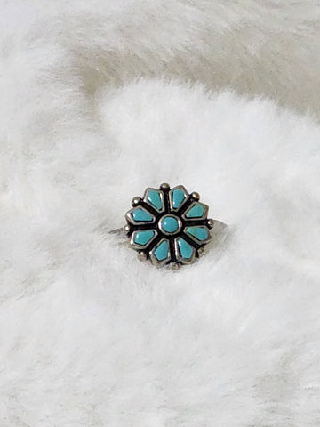 Navajo Sterling Silver & Turquoise Flower Ring    Size 9    (New)  Artist Signed:  AHM