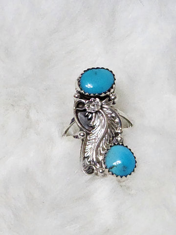 Navajo Sterling Silver & Double Turquoise Ring    Size 6    (New)  Artist:  William Begay  Signed